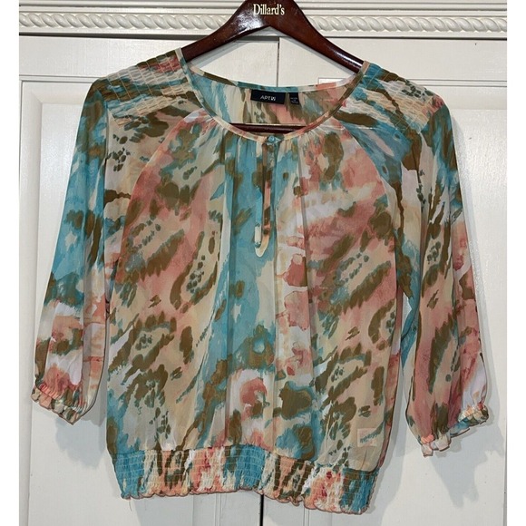 Apt 9 Top Women Medium Petite Festive Ruffle Smock Colorful Flowy Beach‎ - Picture 1 of 7